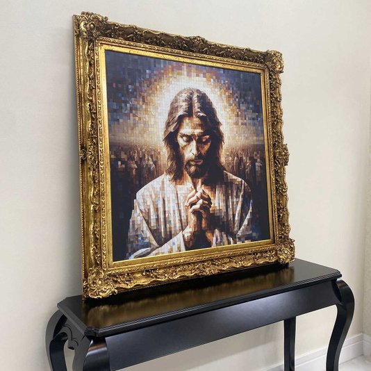 Tela Canvas com Moldura Clássica Dourada Arte Jesus Geométrica Colorida