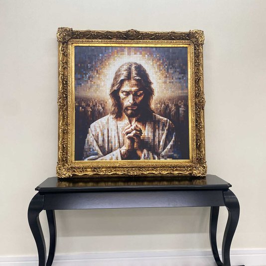 Tela Canvas com Moldura Clássica Dourada Arte Jesus Geométrica Colorida