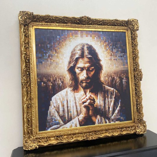 Tela Canvas com Moldura Clássica Dourada Arte Jesus Geométrica Colorida