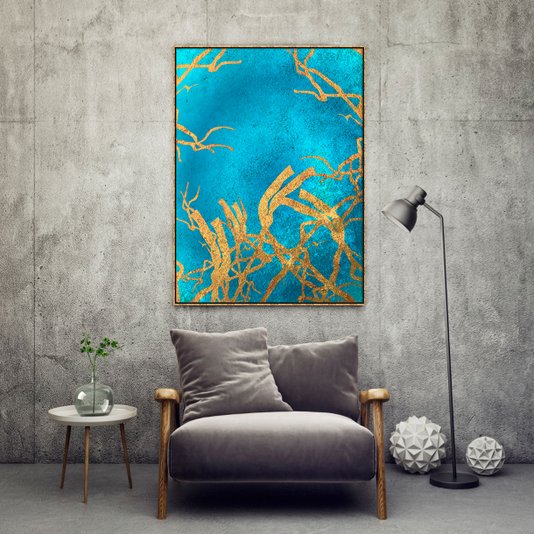 Tela Canvas com Moldura Dourada Arte Moderna Gold e Blue 90x120 cm