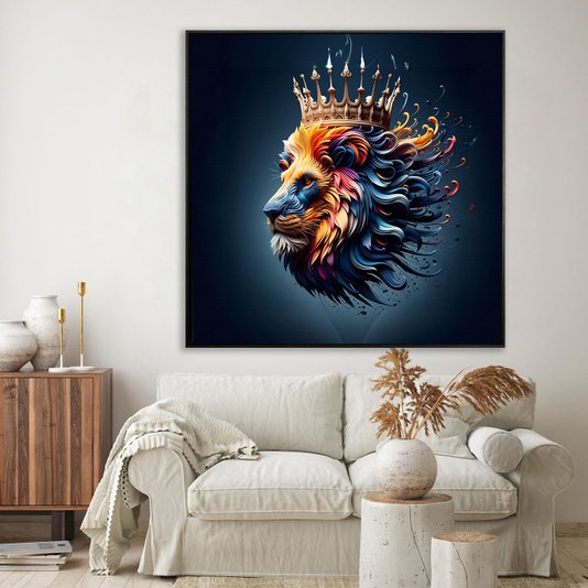 Tela Canvas com Moldura Preta Arte Moderna Leão Colorido com Coroa