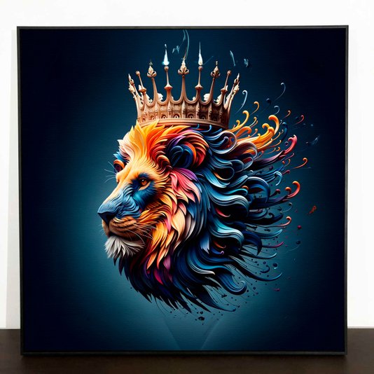 Tela Canvas com Moldura Preta Arte Moderna Leão Colorido com Coroa