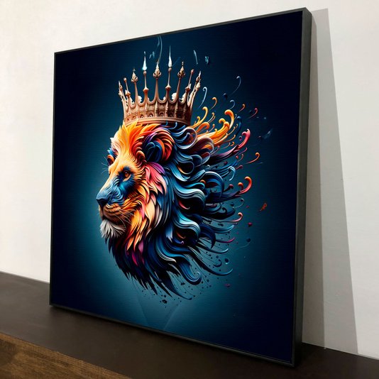 Tela Canvas com Moldura Preta Arte Moderna Leão Colorido com Coroa