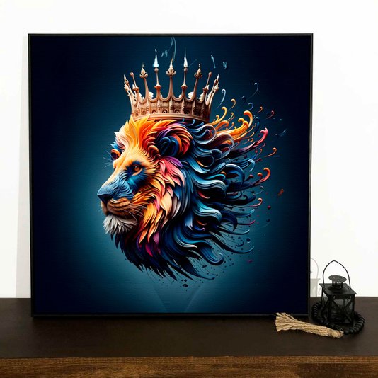 Tela Canvas com Moldura Preta Arte Moderna Leão Colorido com Coroa