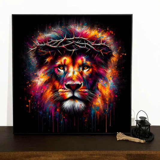 Tela Canvas com Moldura Preta Leão Colorido com Coroa de Espinhos: Decoração Versátil