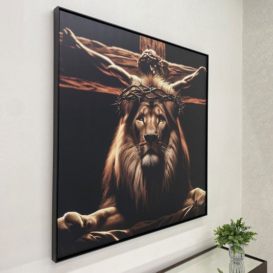 Tela Canvas com Moldura Preta Leão com Coroa de Espinhos e Jesus na Cruz