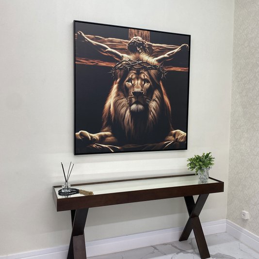 Tela Canvas com Moldura Preta Leão com Coroa de Espinhos e Jesus na Cruz