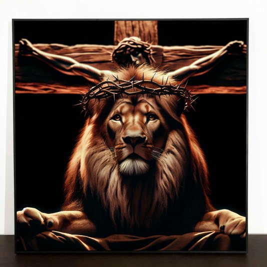 Tela Canvas com Moldura Preta Leão com Coroa de Espinhos e Jesus na Cruz