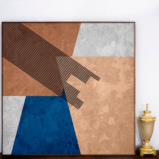 Tela Canvas Decorativa Arte Geométrica Colorida com Moldura Flutuante Marrom 100x100 cm