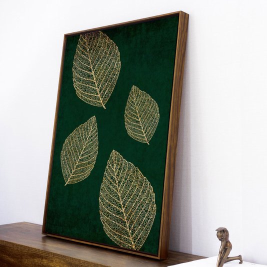 Tela Canvas Decorativa com Moldura Folhas em Fundo Verde 70x100 cm