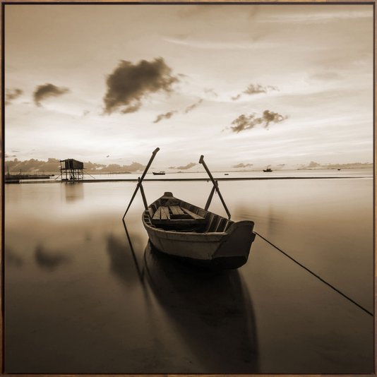 Tela Canvas em Tom Sépia Moldura Mel Paisagem com Barco - Escolha o Tamanho