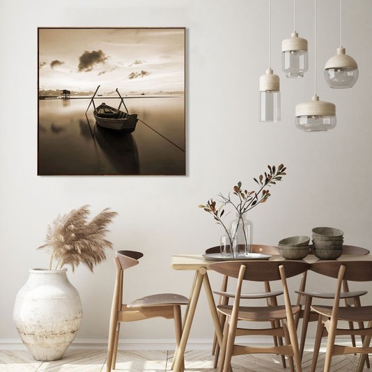 Tela Canvas em Tom Sépia Moldura Mel Paisagem com Barco - Escolha o Tamanho