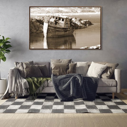 Tela Canvas em Tom Sépia Paisagem com Barco Abandonado 170x100 cm