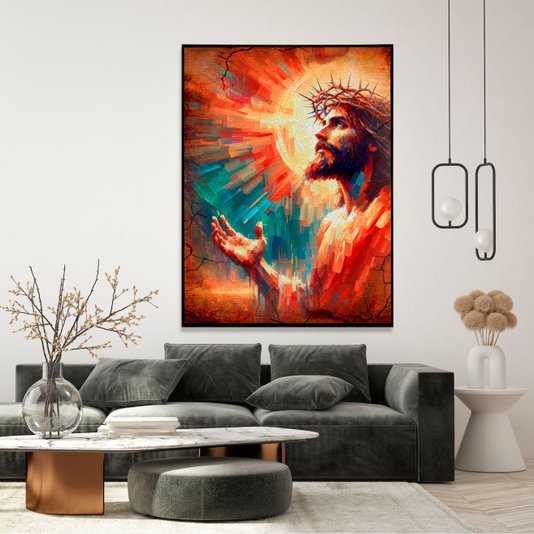 Tela Canvas Estilo Abstrata com Moldura Preta Arte Jesus Cristo com Coroa de Espinhos