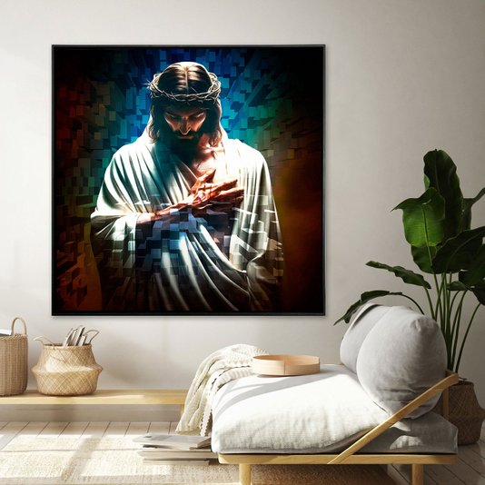 Tela Canvas Geométrica Colorida com Moldura Preta Jesus com Coroa de Espinhos
