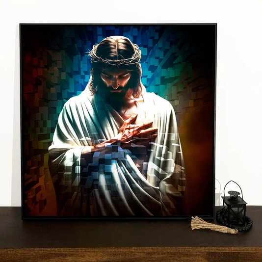 Tela Canvas Geométrica Colorida com Moldura Preta Jesus com Coroa de Espinhos