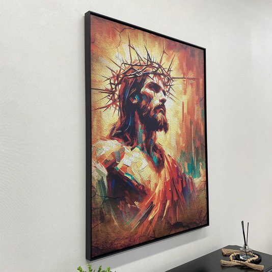 Tela Canvas Jesus com Coroa de Espinhos Arte Abstrata Colorida com Moldura Preta