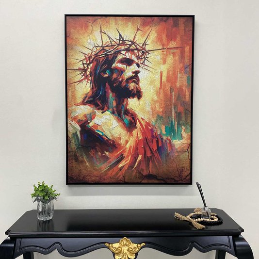 Tela Canvas Jesus com Coroa de Espinhos Arte Abstrata Colorida com Moldura Preta