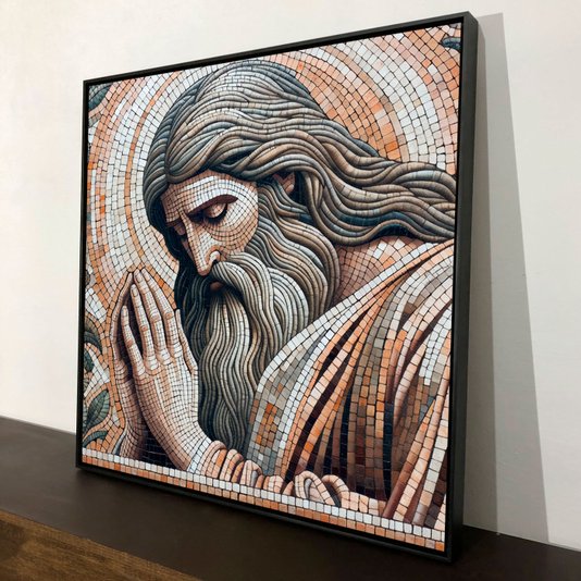 Tela Canvas Ladrilhos Moderna com Moldura Preta Imagem de Jesus Orando
