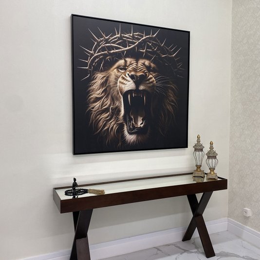 Tela Canvas Leão com Coroa de Espinhos: Arte Impactante com Moldura Preta