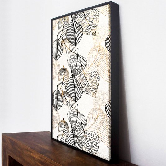 Tela Canvas Moderna Folhas Estilizadas, Moldura Preta, Sofisticação Contemporânea 90x120 cm
