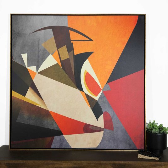 Tela Decorativa: Arte Abstrata Geométrica Colorida, Moldura Dourada - Estilo Moderno