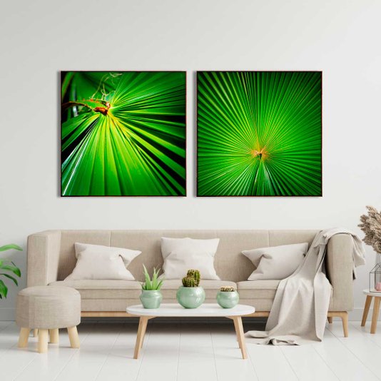 Tela Decorativa em Canvas Folha Verde com Moldura Flutuante Marrom