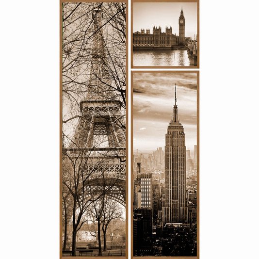 Trio de Quadros Paris, New York e Londres 100x200cm Kit com 3 Quadros