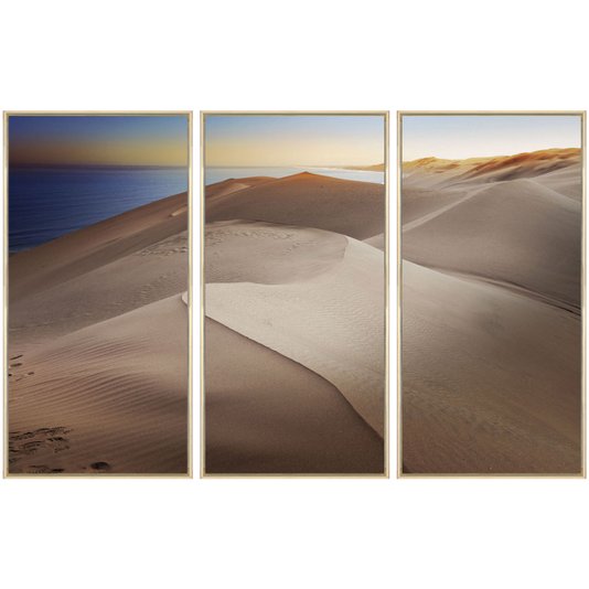 Trio de Quadros em Tela Canvas com Moldura Paisagem Horizonte Dunas 160x120 cm