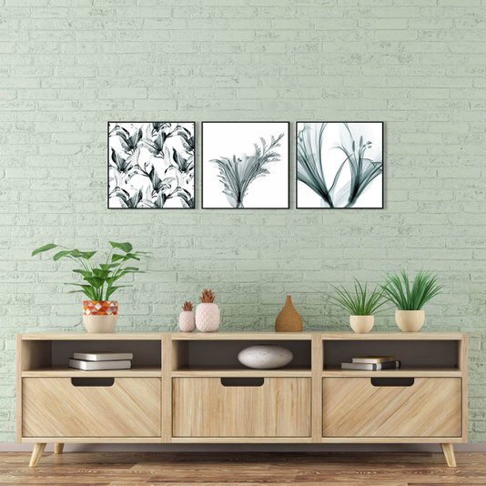 Trio de Quadros Flores na Cor Verde Água 3 Quadros de 30x30 cm