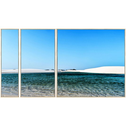 Trio de Quadros Tela Canvas com Moldura Paisagem Lagoa Dunas 220x120 cm