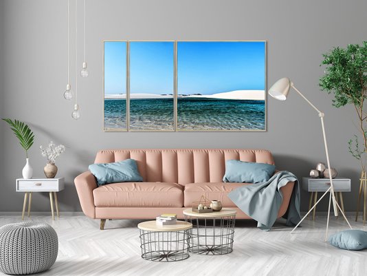Trio de Quadros Tela Canvas com Moldura Paisagem Lagoa Dunas 220x120 cm