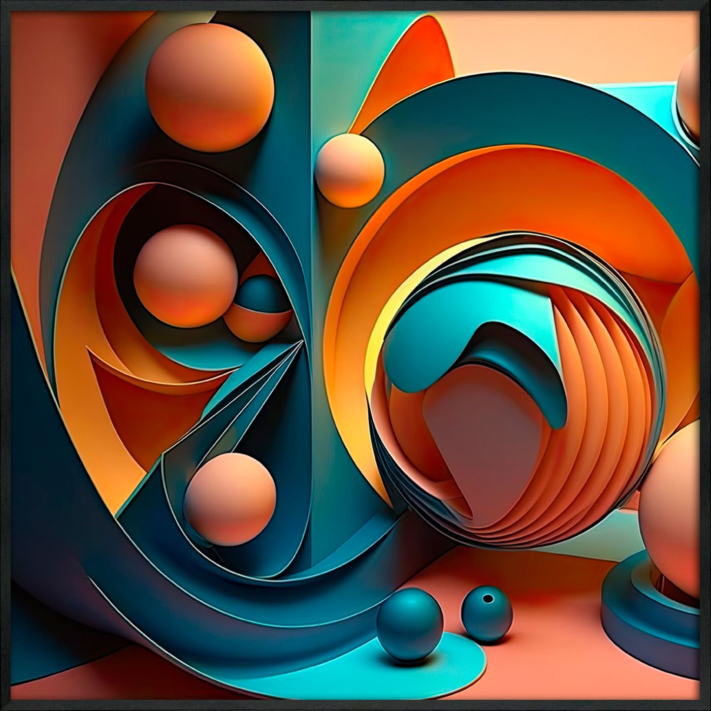 Quadro Abstrato Arte Moderna Colorida com Esferas Estilo 3D com Moldura e Vidro