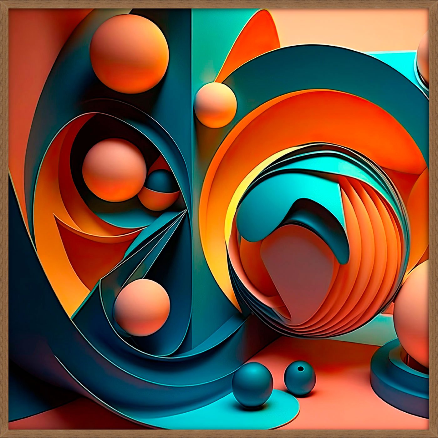 Quadro Abstrato Arte Moderna Colorida com Esferas Estilo 3D com Moldura e Vidro