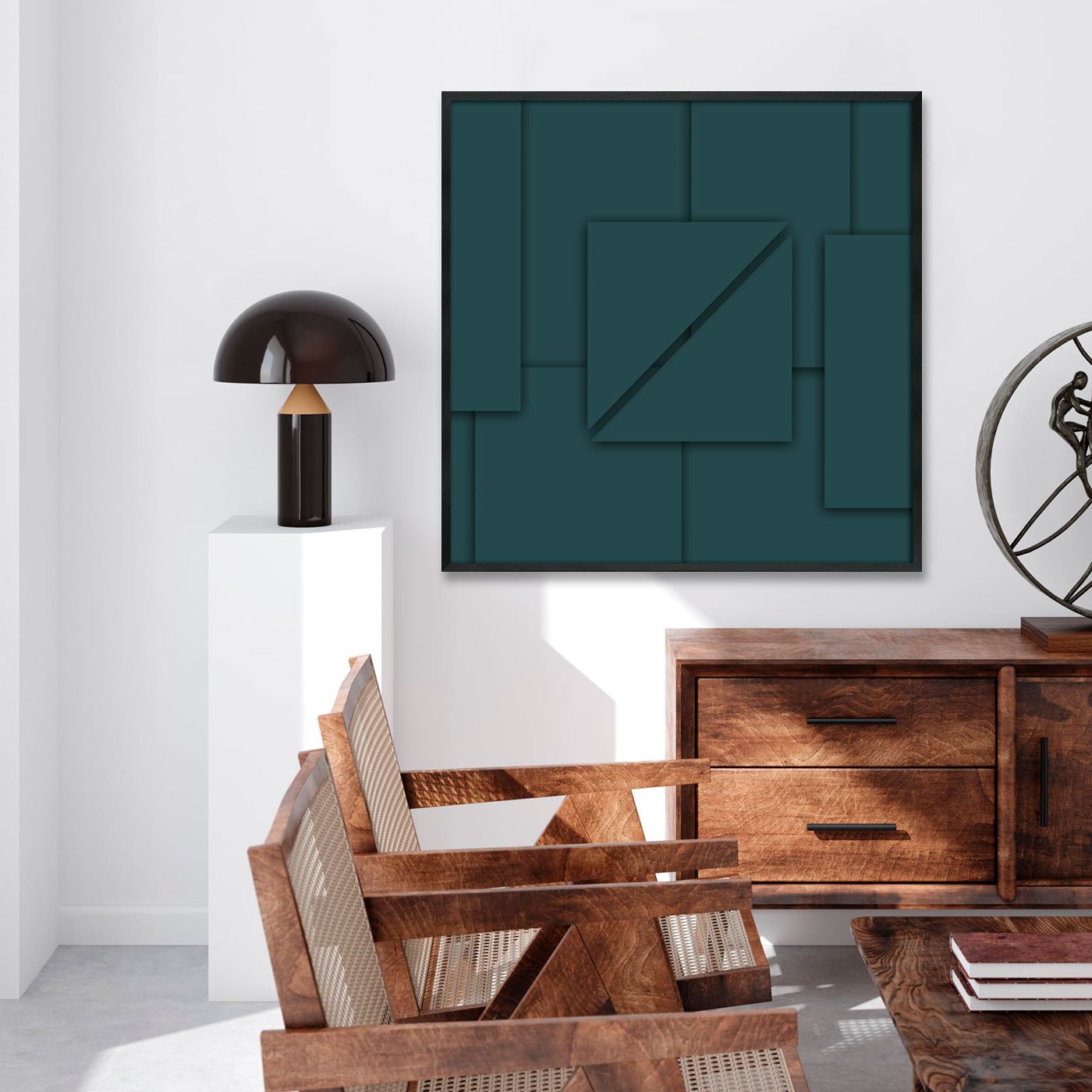 Quadro Abstrato Arte Moderna Geométrico Verde Petróleo com Moldura e Vidro Quadro Abstrato Arte Moderna Geométrico Verde Petróleo com Moldura e Vidro