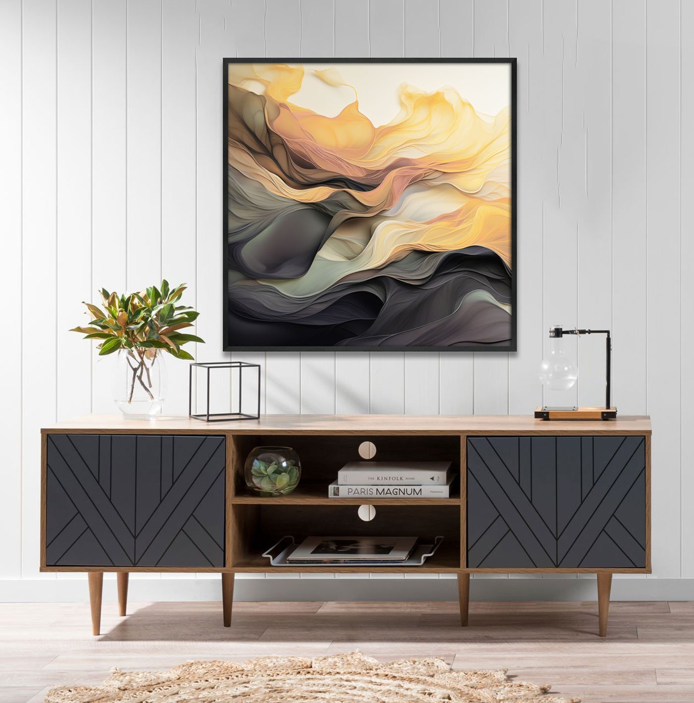 Quadro Abstrato Arte Moderna Ondas Coloridas com Moldura e Vidro