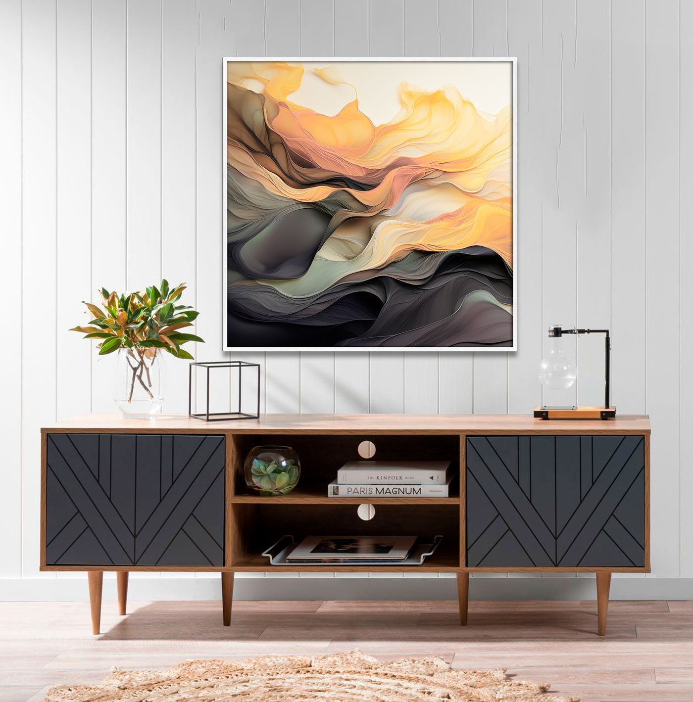 Quadro Abstrato Arte Moderna Ondas Coloridas com Moldura e Vidro