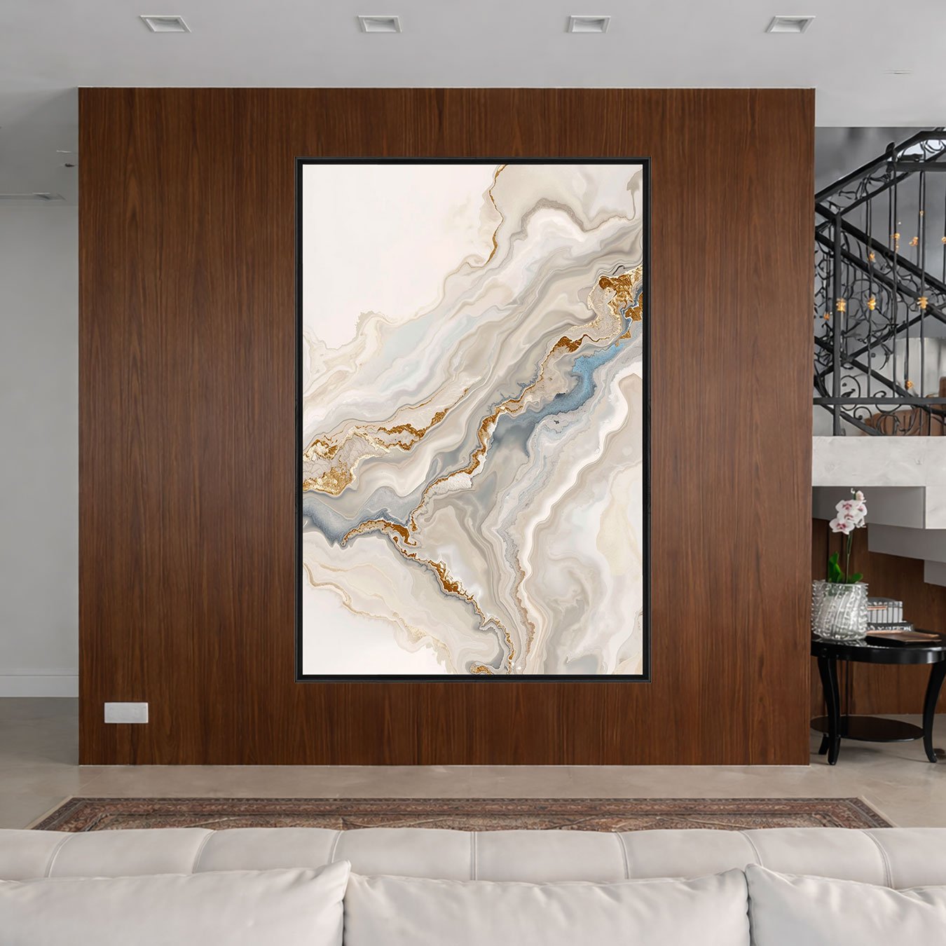 Quadro Abstrato Efeito Mármore Moderno em Tons de Bege Ocre e Cinza Minimalista