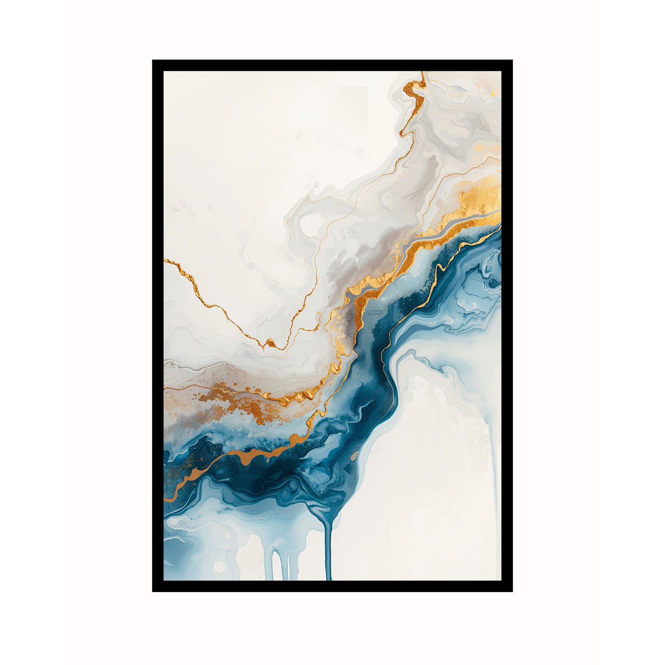 Quadro Abstrato Formas Fluidas em Azul e Ouro Decoração Minimalista Moderna