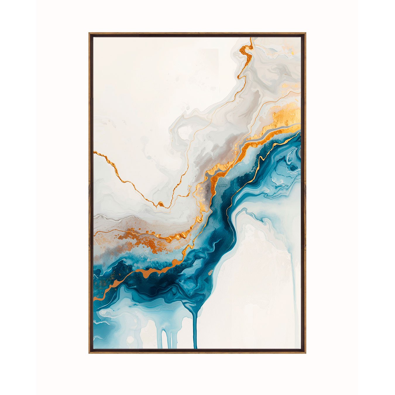 Quadro Abstrato Formas Fluidas em Azul e Ouro Decoração Minimalista Moderna