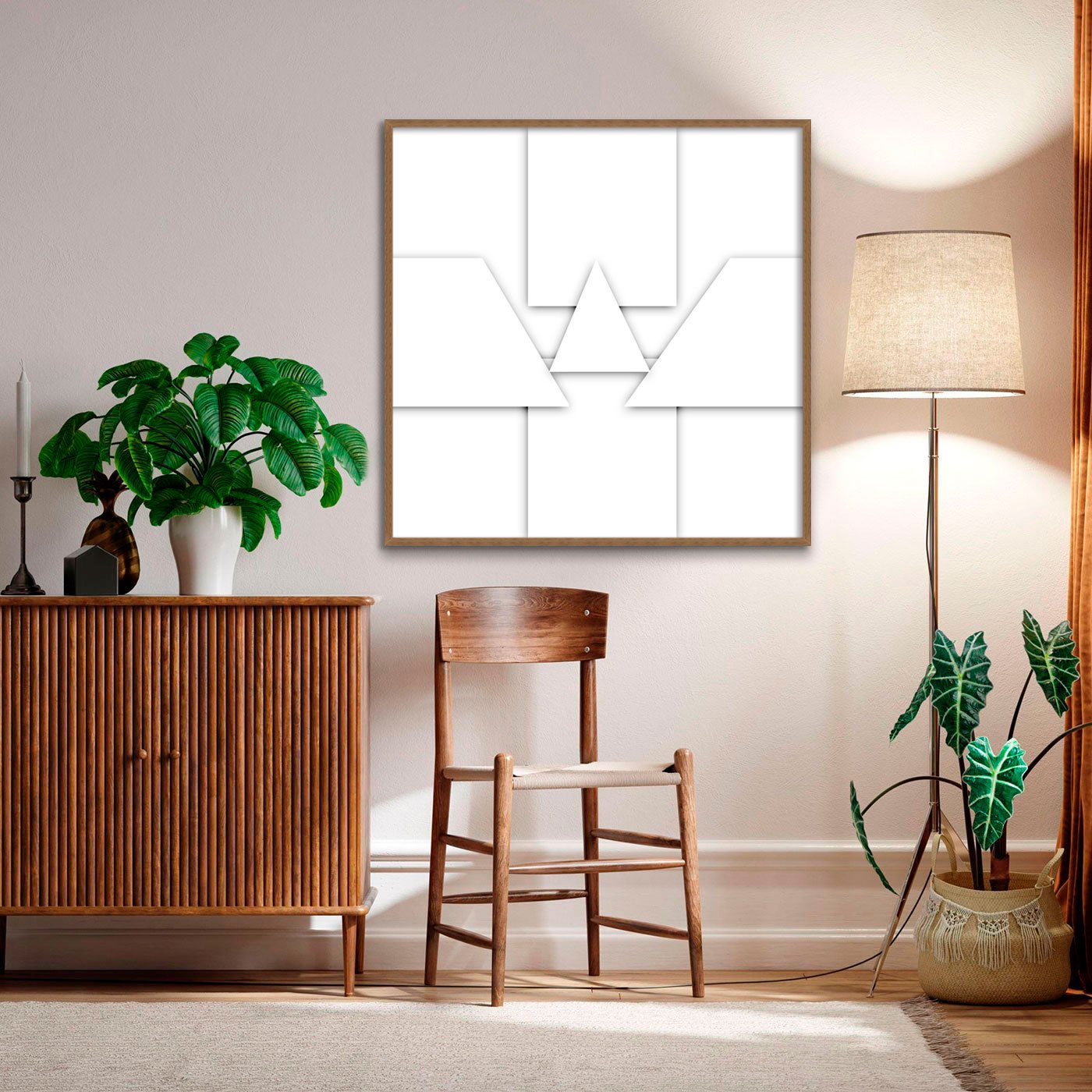 Quadro Abstrato Geometrico em Camadas Arte Minimalista com Moldura e Vidro