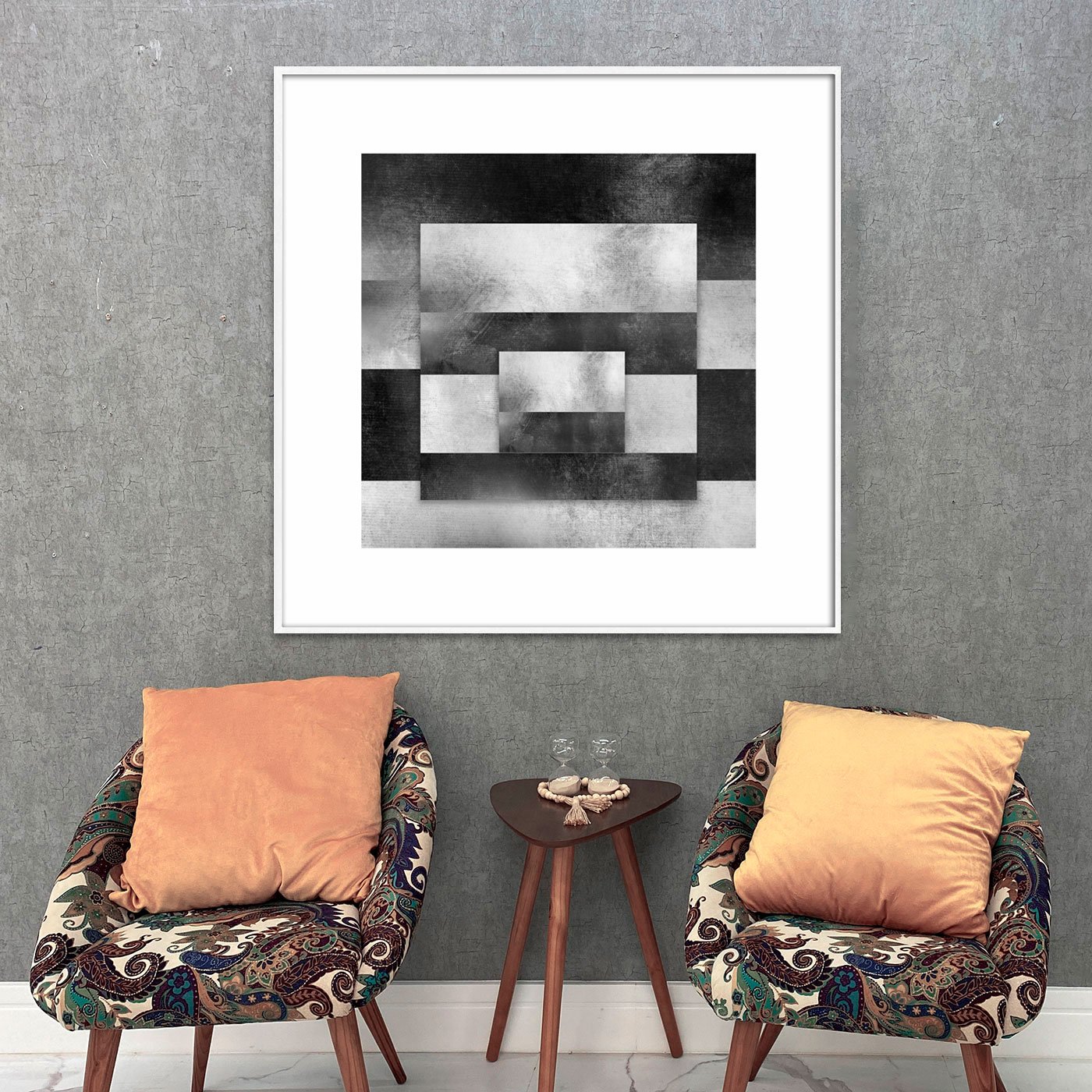 Quadro Abstrato Geométrico Sobreposto Preto e Branco com Moldura e Vidro Quadro Abstrato Geométrico Sobreposto Preto e Branco com Moldura e Vidro