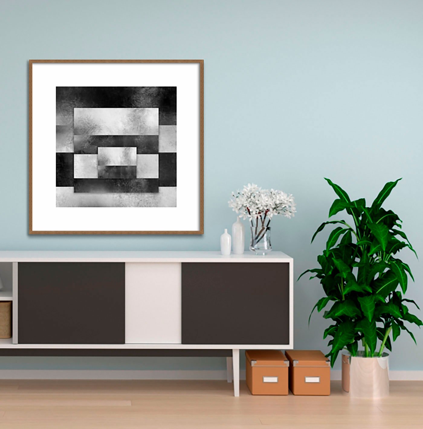 Quadro Abstrato Geométrico Sobreposto Preto e Branco com Moldura e Vidro Quadro Abstrato Geométrico Sobreposto Preto e Branco com Moldura e Vidro