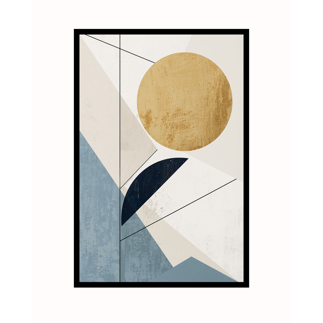 Quadro Abstrato Minimalista Sol Dourado e Formas Geométricas Azul Sereno