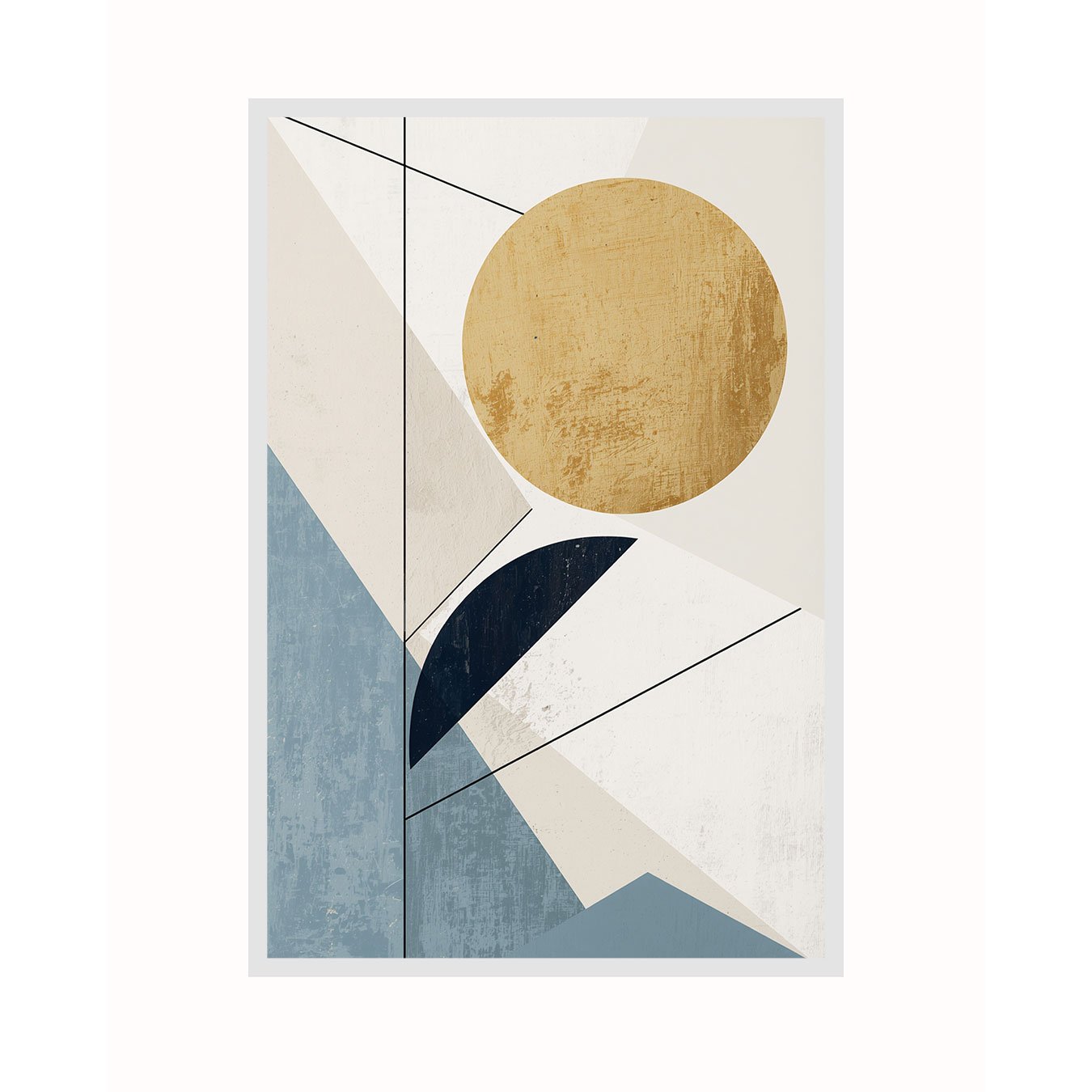 Quadro Abstrato Minimalista Sol Dourado e Formas Geométricas Azul Sereno