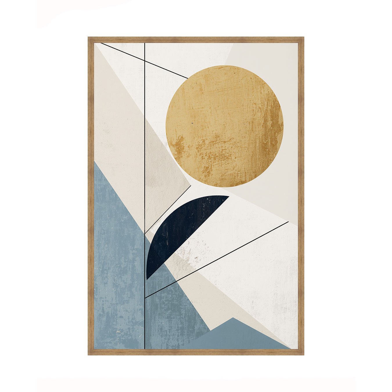 Quadro Abstrato Minimalista Sol Dourado e Formas Geométricas Azul Sereno
