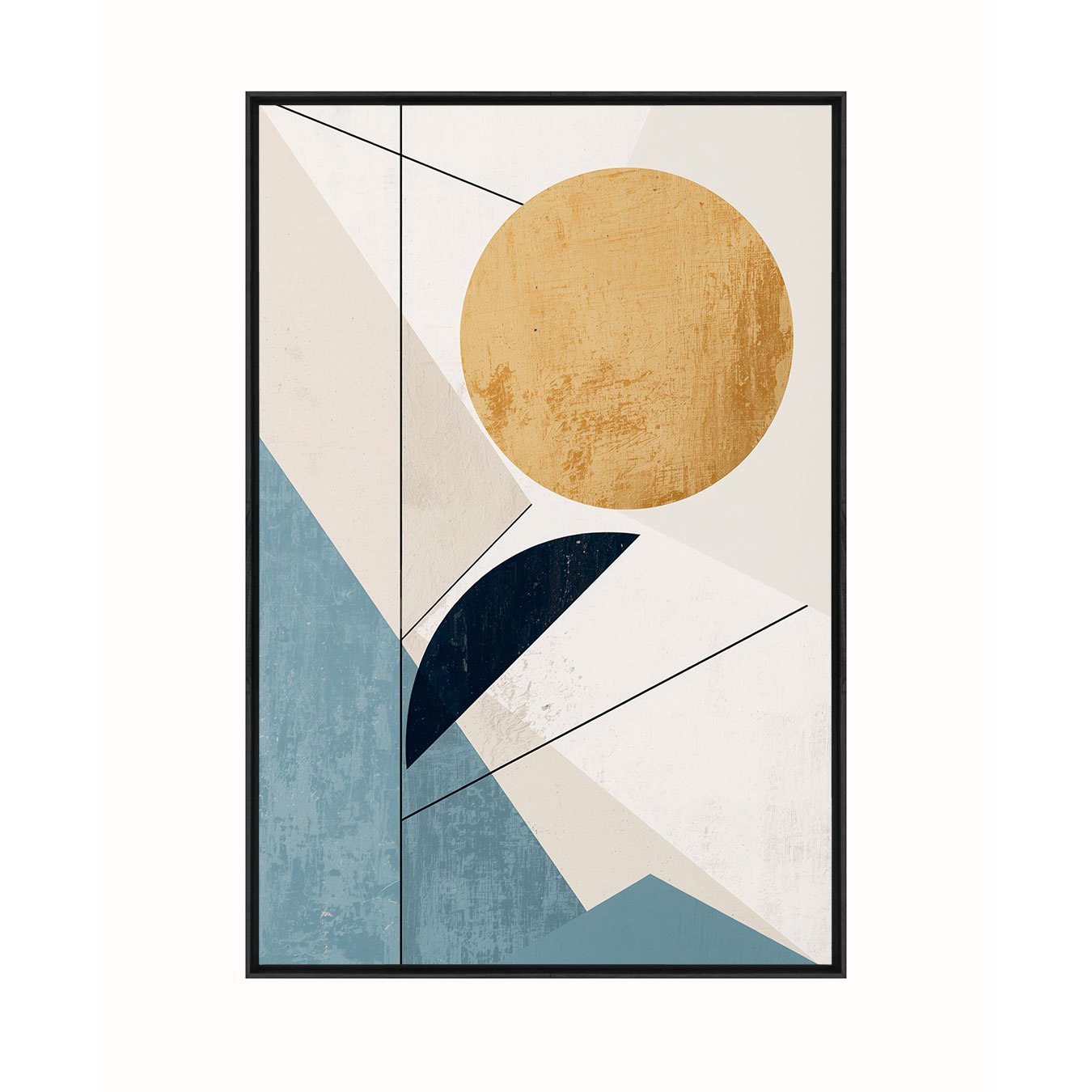 Quadro Abstrato Minimalista Sol Dourado e Formas Geométricas Azul Sereno