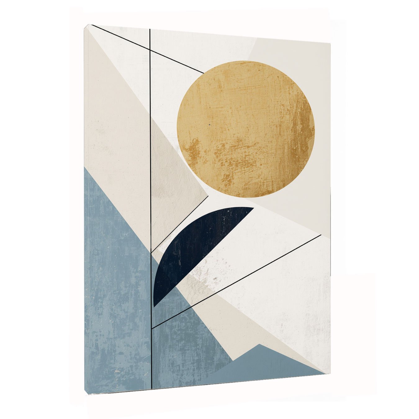 Quadro Abstrato Minimalista Sol Dourado e Formas Geométricas Azul Sereno