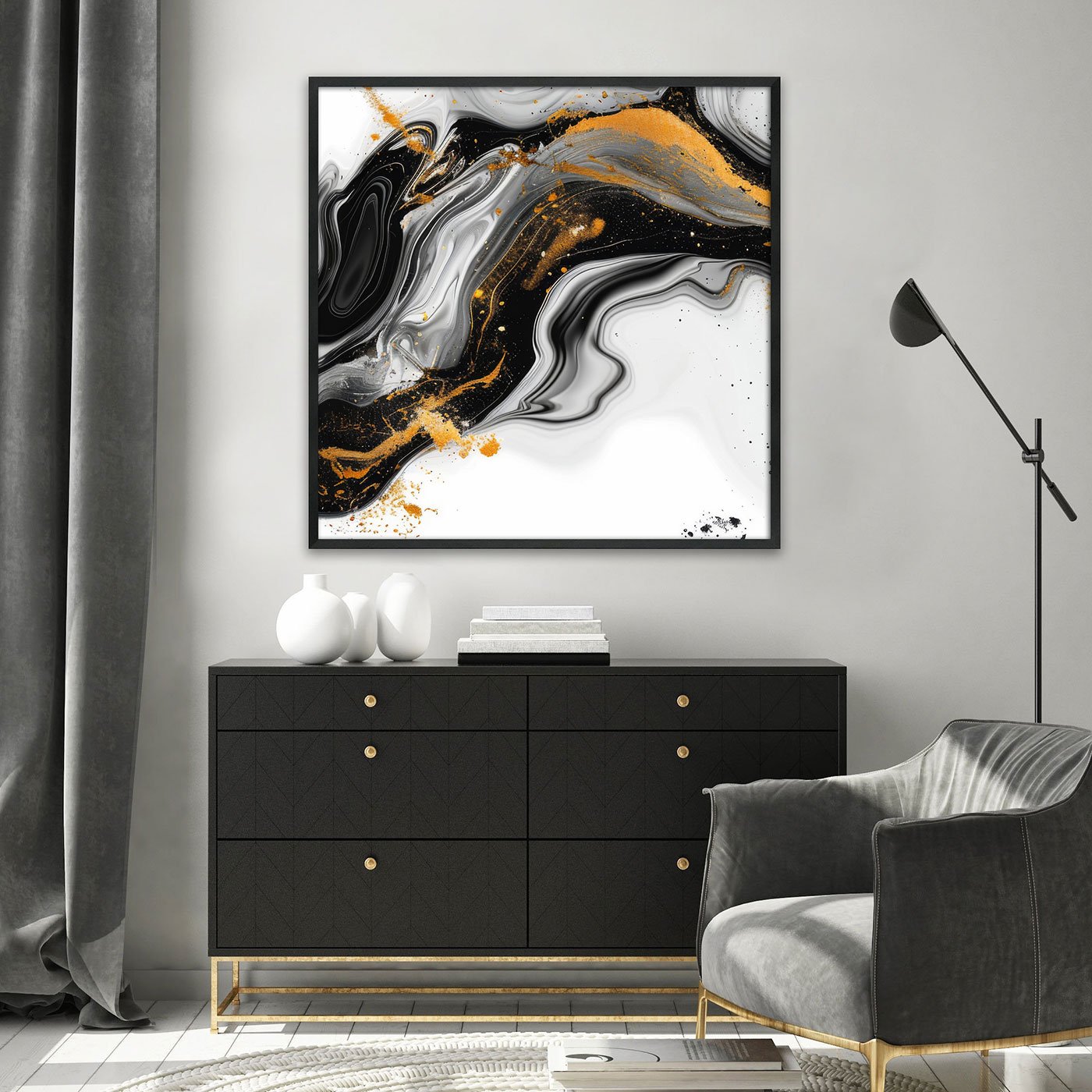 Quadro Abstrato Moderno Preto e Ouro Fluido e Elegante com Moldura e Vidro Quadro Abstrato Moderno Preto e Ouro Fluido e Elegante com Moldura e Vidro