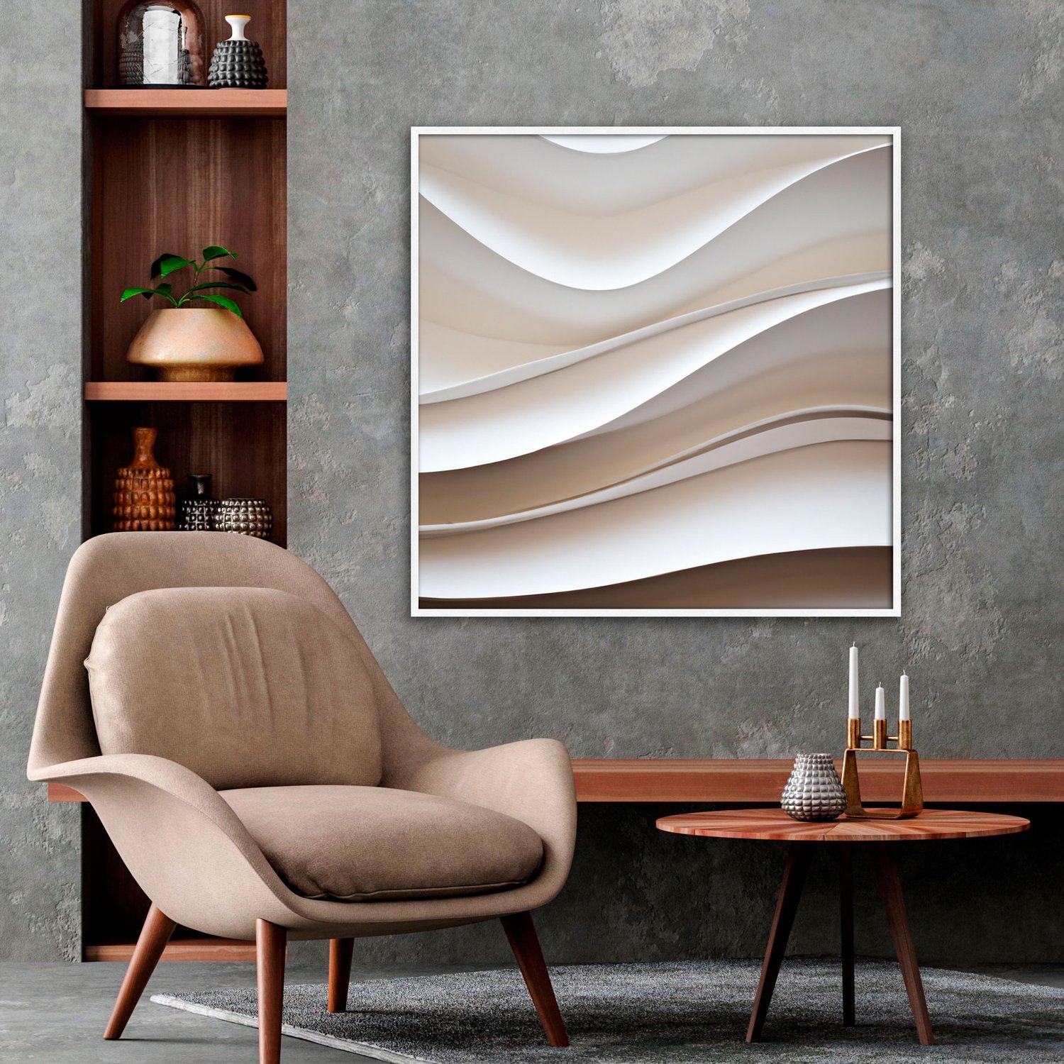 Quadro Abstrato Ondas Suaves em Tons Neutros e Refinados com Moldura e Vidro Quadro Abstrato Ondas Suaves em Tons Neutros e Refinados com Moldura e Vidro